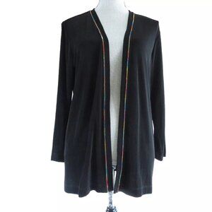 Chicos Travelers Jacket Black Size 1 M Open Front Cardigan Rainbow Trim Long